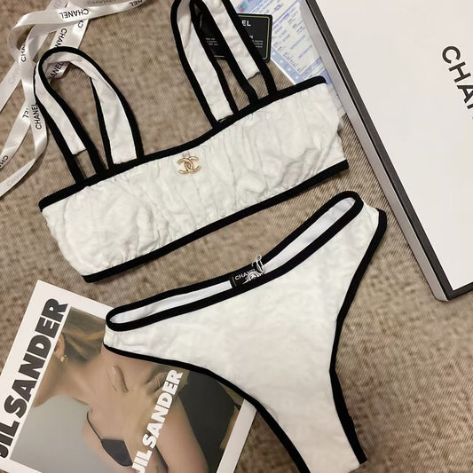 Bralette-Bikini-Set Weiß mit schwarzem Besatz