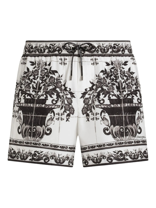 Badehose Weiß mit grafischem Print Schwarz