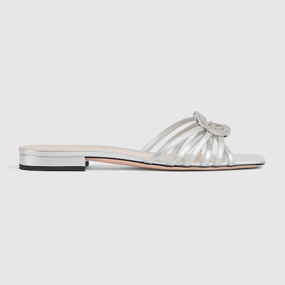 Women's silver leather GG crystal cross-strap slider sandals