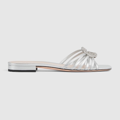 Women's silver leather GG crystal cross-strap slider sandals