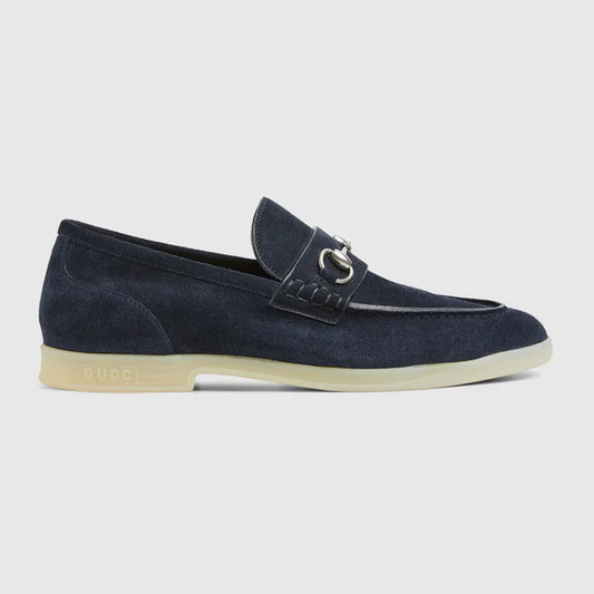 Men's moccasin with buckle made of dark blue suede