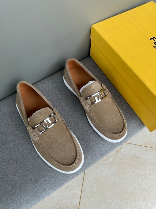 Moccasins made of dark beige suede