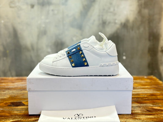 VLTN Rockstud Open Leather Sneakers White/Blue