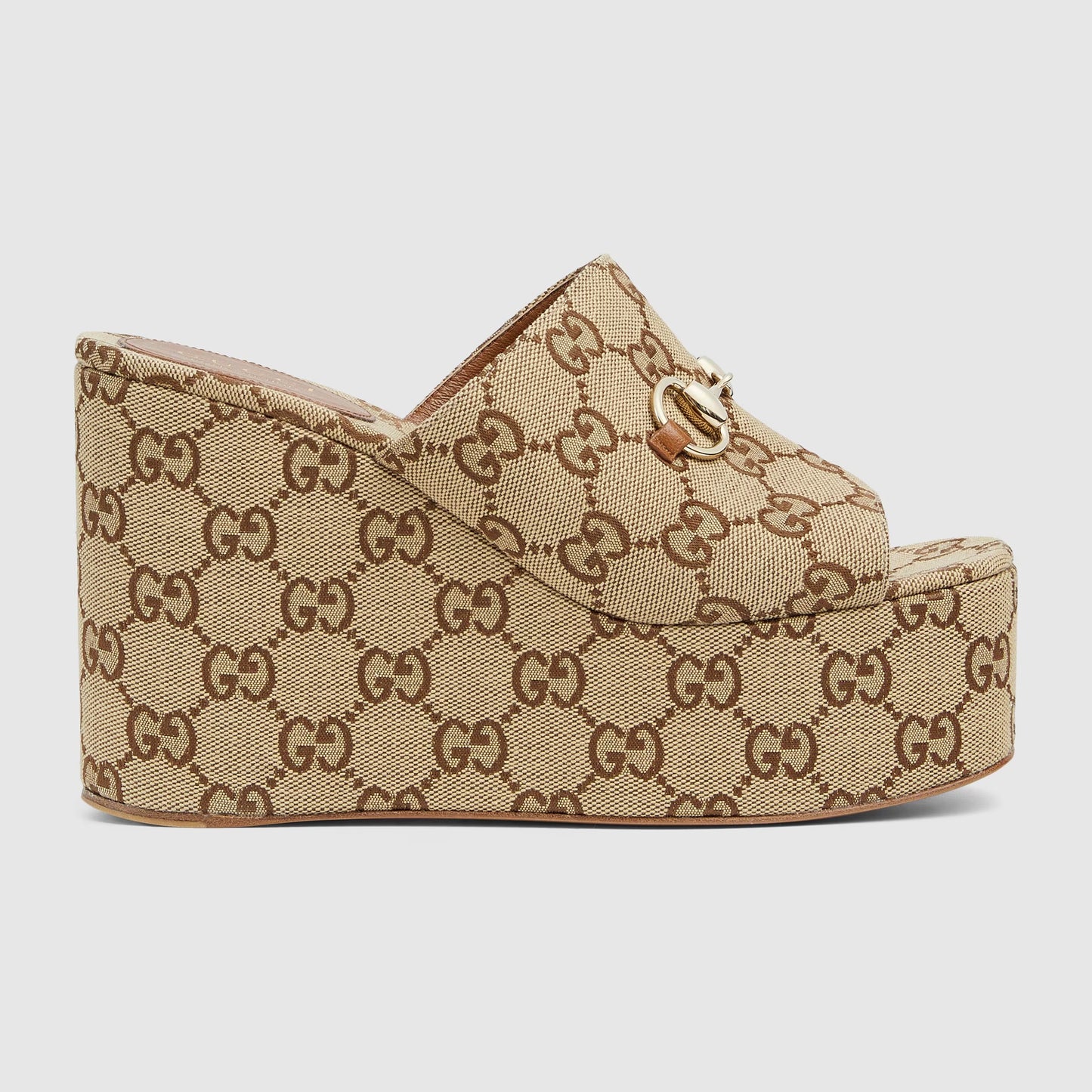 Women's wedge sandal with horsebit detail in beige and dark brown GG canvas