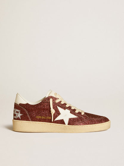 Bordeaux glitter with a star and white leather heel counter