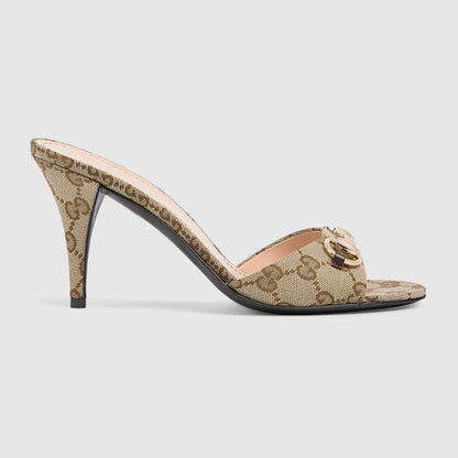 Damen-Slider-Sandalen mit Morsetto aus beigem und braunem Stoff