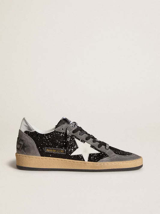 Glitter with leather star and metallic leather on the heel