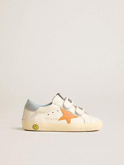 Old School Young in leather with orange star and baby blue heel