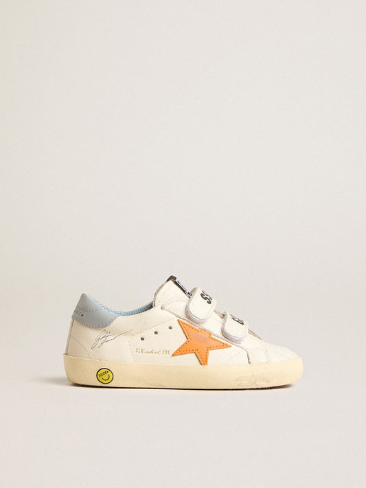 Old School Young in leather with orange star and baby blue heel