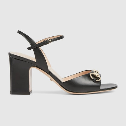 Women's black leather heeled sandals with Morsetto detail