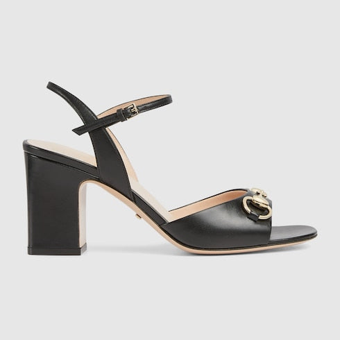 Women's black leather heeled sandals with Morsetto detail