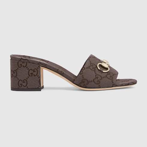 Dark brown GG fabric women's slider sandals with Morsetto