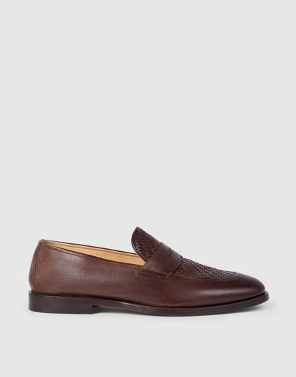Penny loafers in braided calfskin and shiny calfskin Dark brown