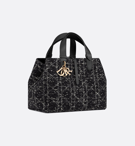 Toujours Medium Black Tweed Bag with White Cannage Pattern