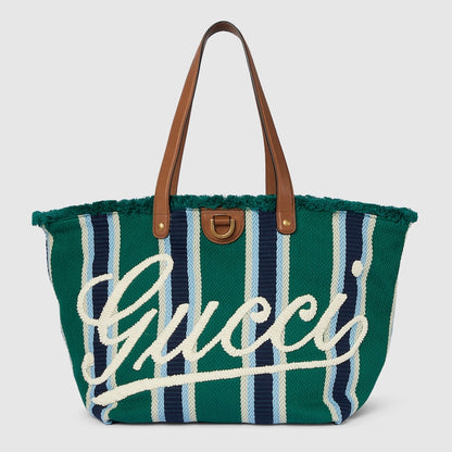 Shopper bag in embroidered green fabric, medium