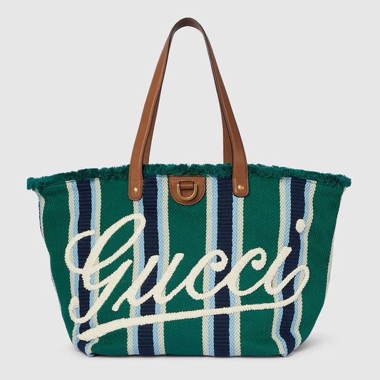 Shopper bag in embroidered green fabric, medium