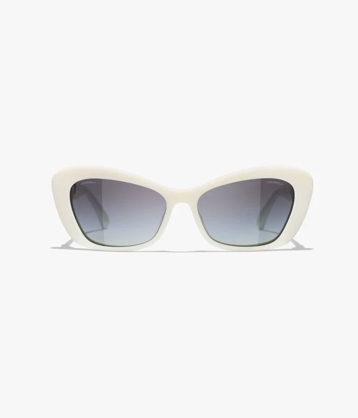 Cat-Eye-Sonnenbrille aus Acetat und weißem Perlmuttglas mit grau verlaufenden Gläsern