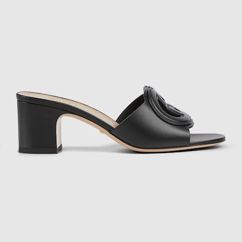 Women's GG Criss-Cross Strap Leather Slider Sandals in Black