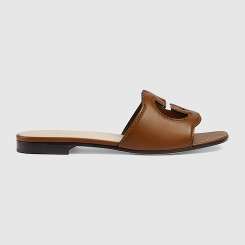 Damen-Slider-Sandalen mit GG-Cut-out-Kreuzdetail aus Leder in Naturlederfarbe