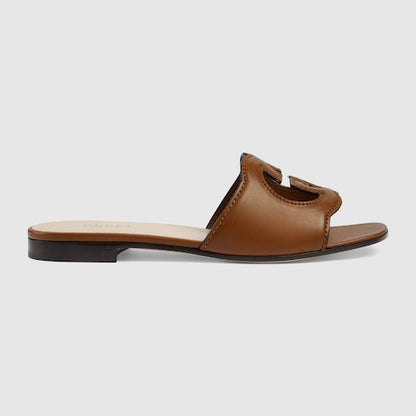 Damen-Slider-Sandalen mit GG-Cut-out-Kreuzdetail aus Leder in Naturlederfarbe