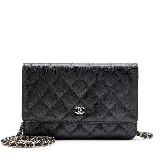 Black wallet with chain and silver-colored logo