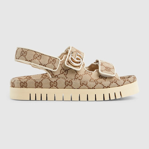 Women's Double G sandals with GG fabric in beige and dark brown