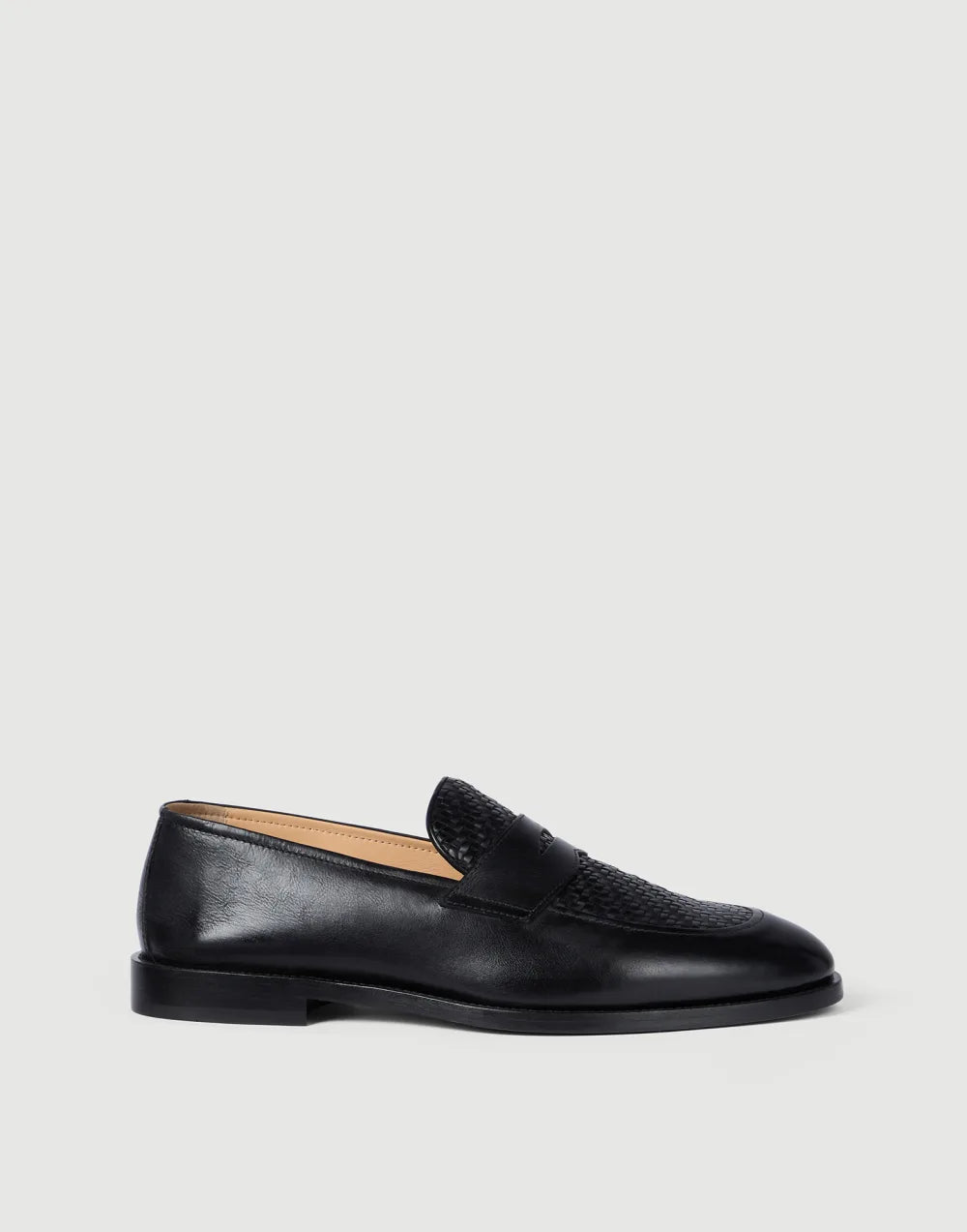 Braided calfskin and polished calfskin penny loafers in black