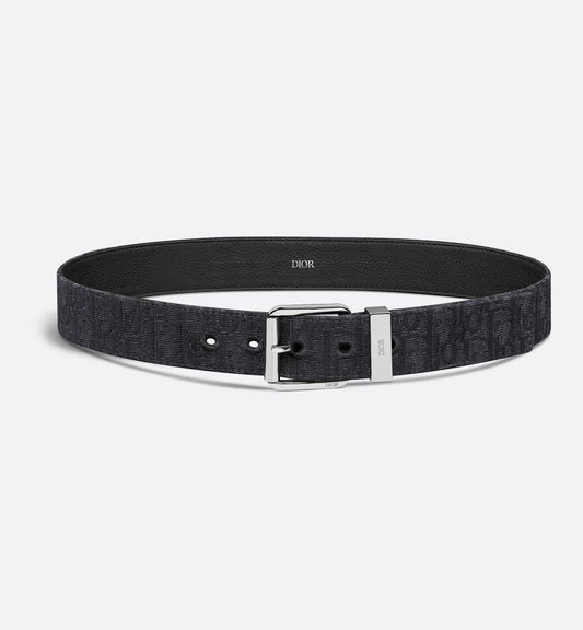 Black Oblique Jacquard and grained calfskin belt, 35 mm, men's