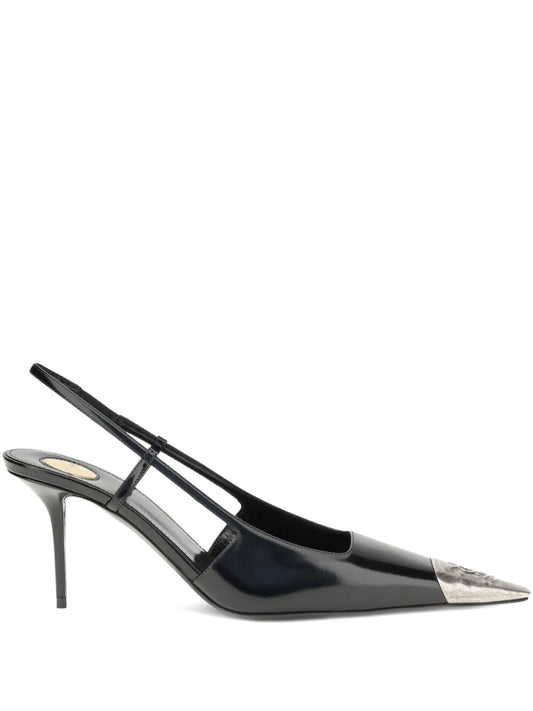 Pointed slingback pumps in black leather, 75 mm