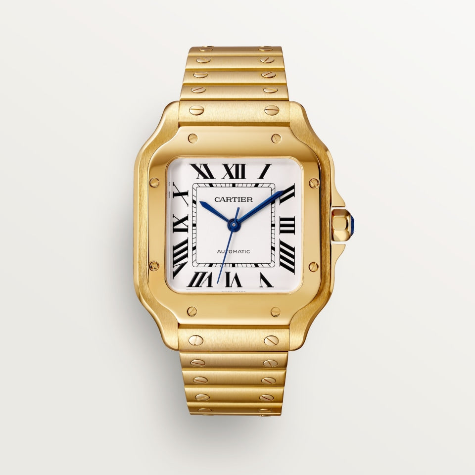 Santos gold watch with silver-colored opaline dial