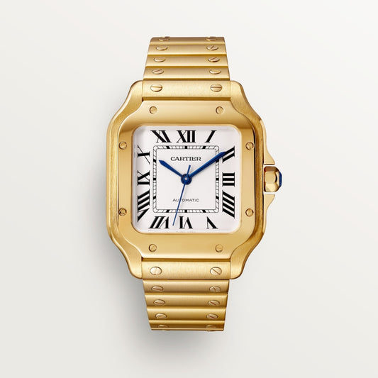 Santos gold watch with silver-colored opaline dial