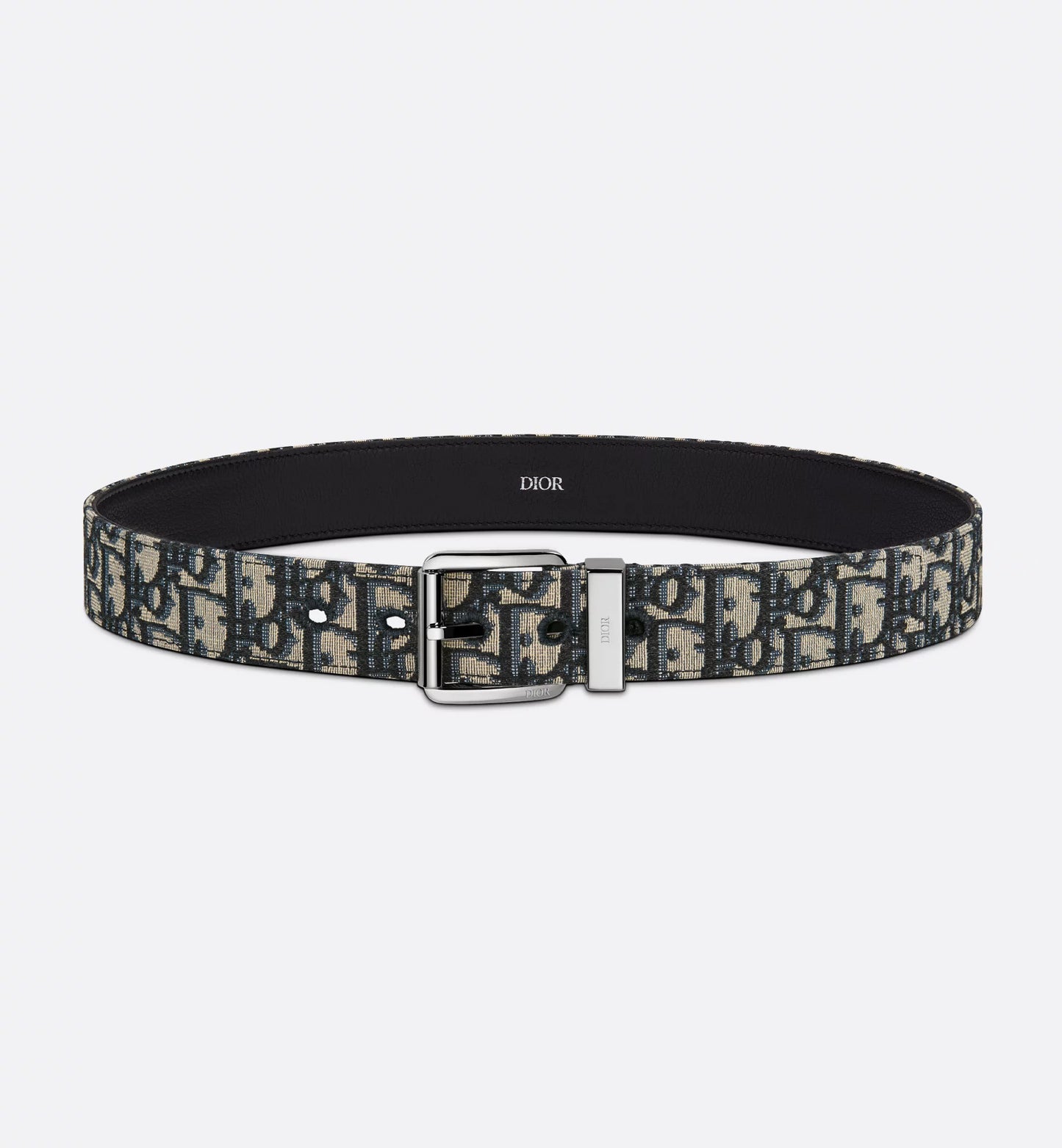 Beige and black oblique jacquard belt with black grained calfskin, 35 mm, men's