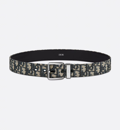 Beige and black oblique jacquard belt with black grained calfskin, 35 mm, men's