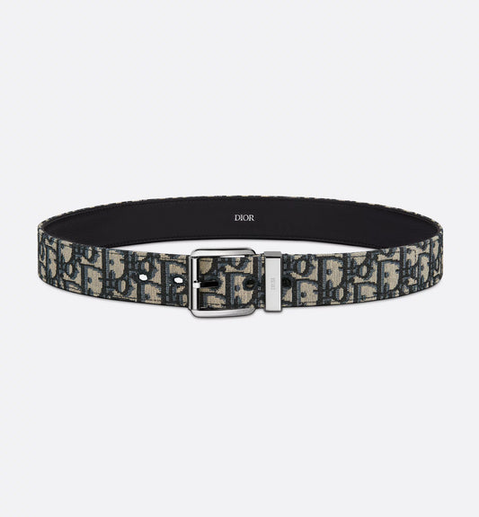Beige and black oblique jacquard belt with black grained calfskin, 35 mm, men's