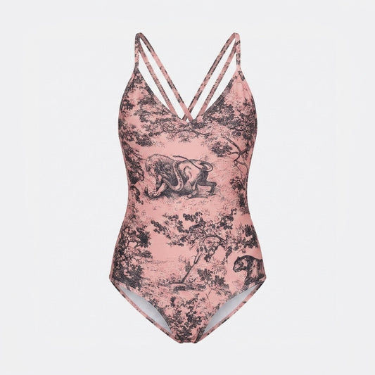 Badeanzug mit Toile-de-Jouy-Print Rosa und Schwarz