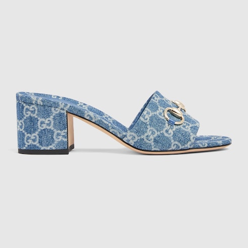 Women's heeled slider sandals in blue GG denim