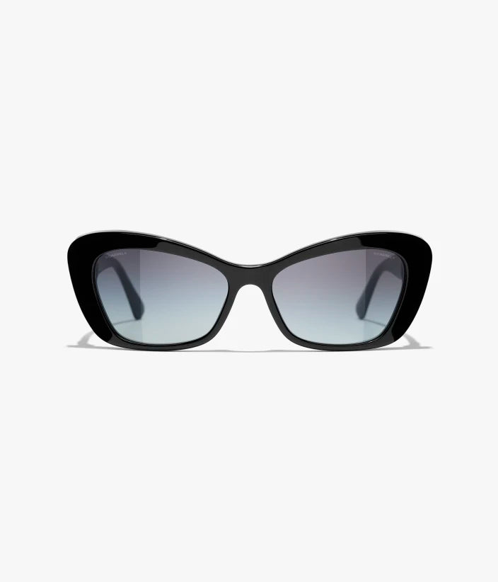 Cat-Eye-Sonnenbrille aus Acetat, schwarzem Perlmuttglas und Gold mit grau verlaufenden Gläsern