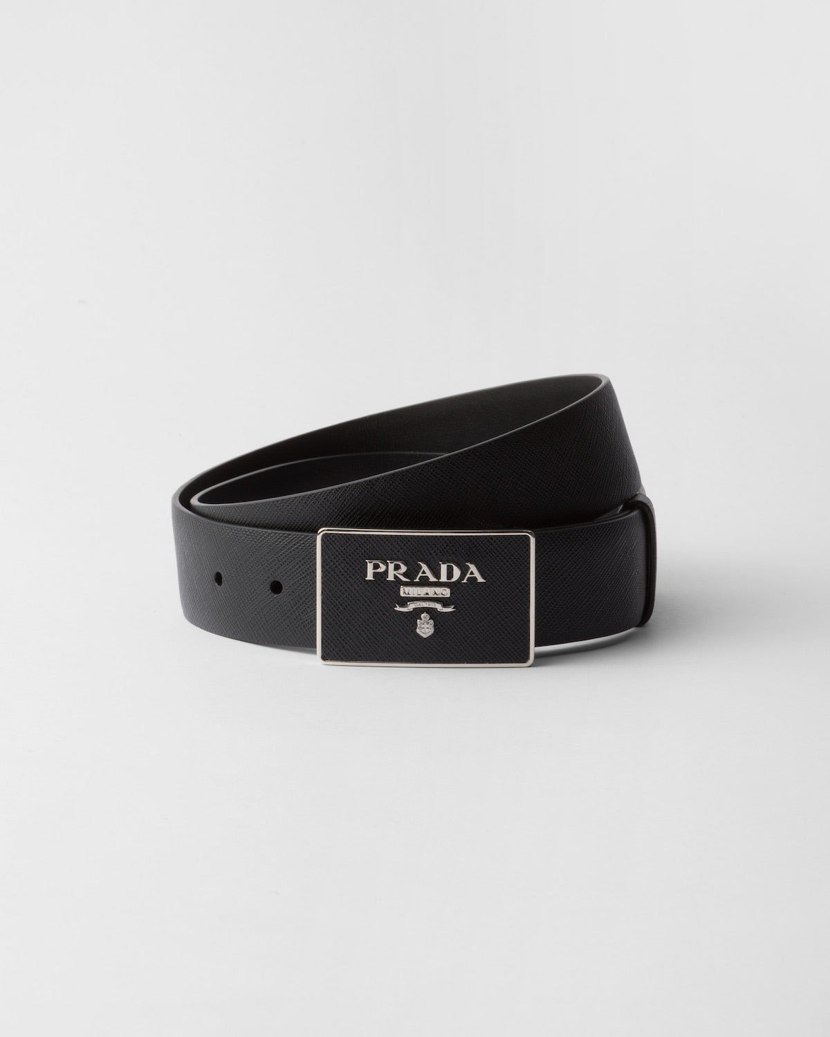Black Saffiano leather belt with leather-covered metal buckle for men