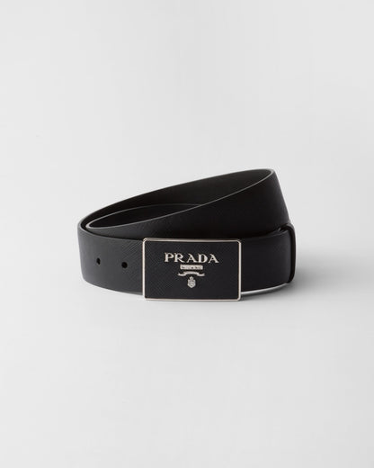 Black Saffiano leather belt with leather-covered metal buckle for men