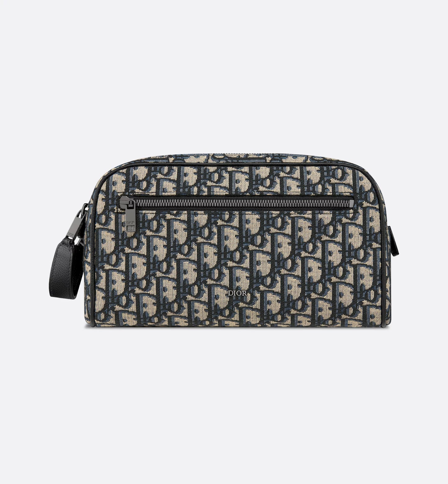 Toilettentasche Beige/Schwarz Oblique Jacquard und genarbtes Kalbsleder