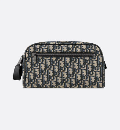 Toilettentasche Beige/Schwarz Oblique Jacquard und genarbtes Kalbsleder