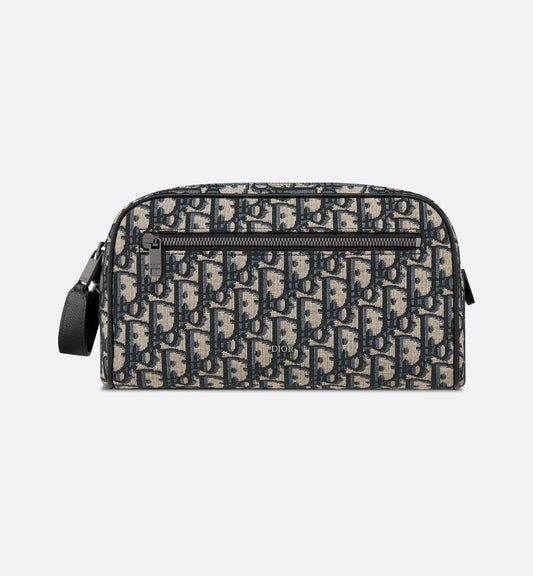 Toiletry bag beige/black oblique jacquard and grained calfskin