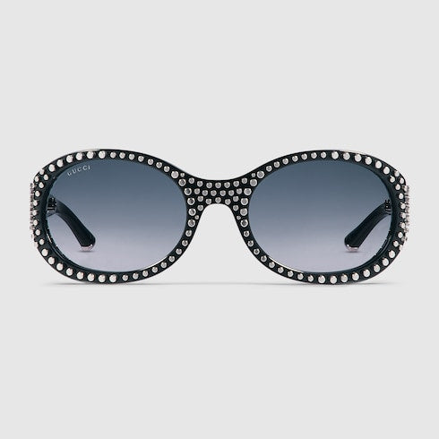 Sonnenbrille Rund Schwarz Glänzend mit Metallnieten