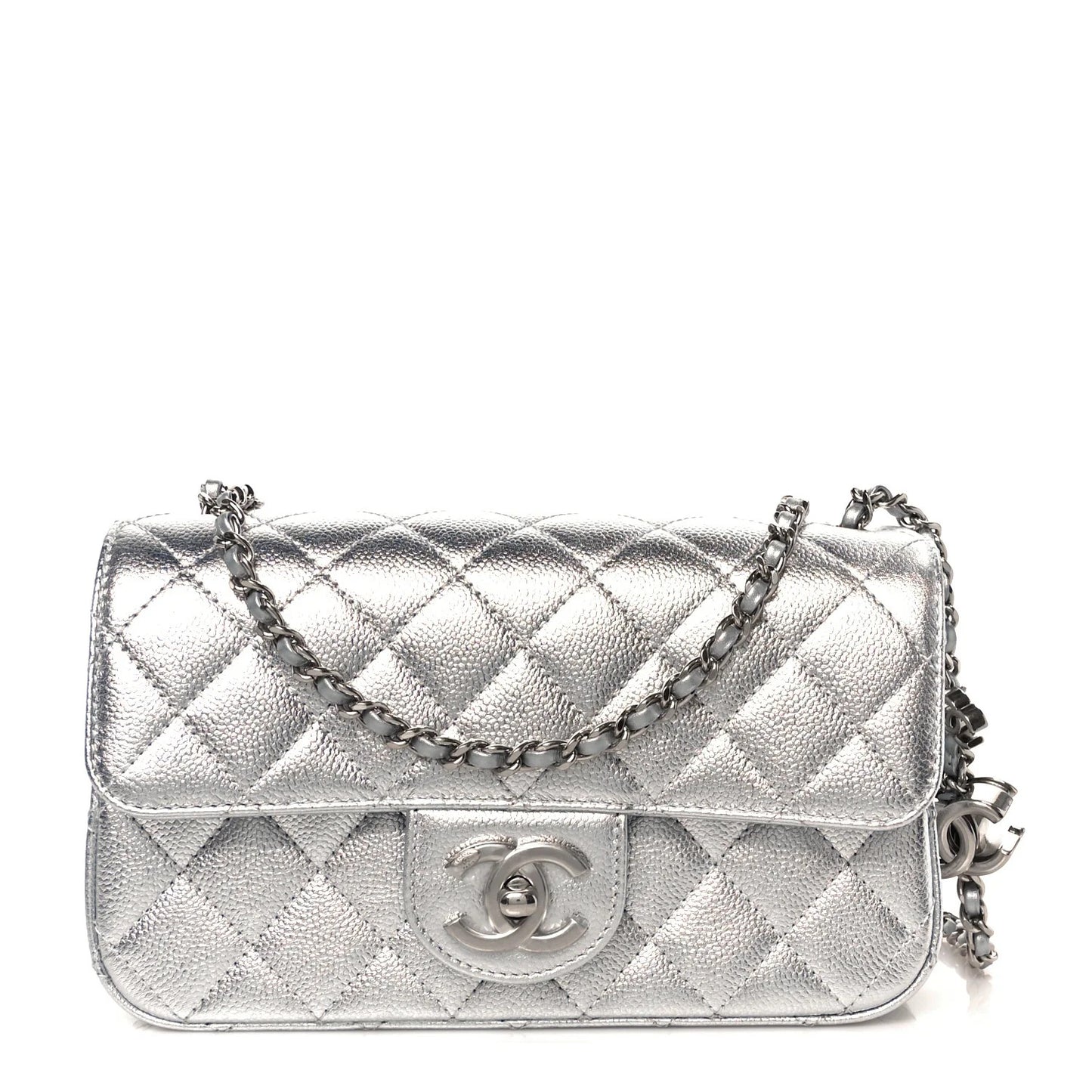 Metallic Caviar gesteppte Mini-Rechteck-CC-Slide-Flap-Tasche in Silber