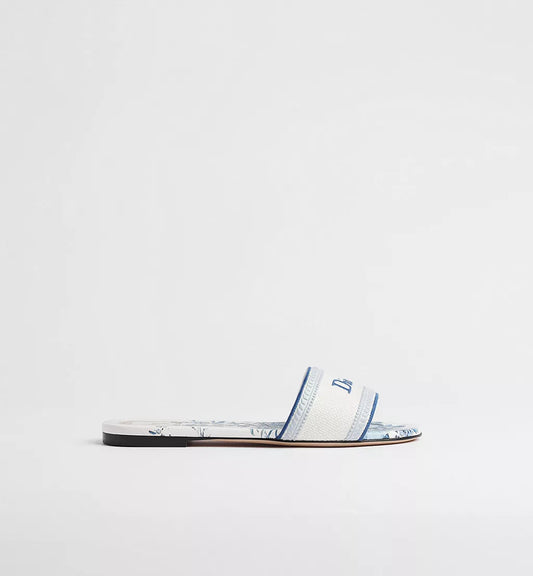 Dioriviera Dway Slide with Toile de Jouy Floral Garden Motif in White and Blue