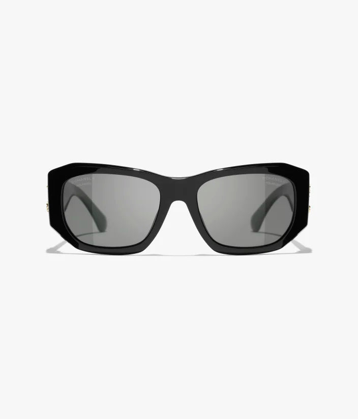 Rechteckige Sonnenbrille aus Acetat mit schwarzen und grauen Gläsern