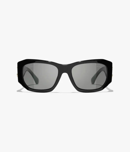 Rechteckige Sonnenbrille aus Acetat mit schwarzen und grauen Gläsern