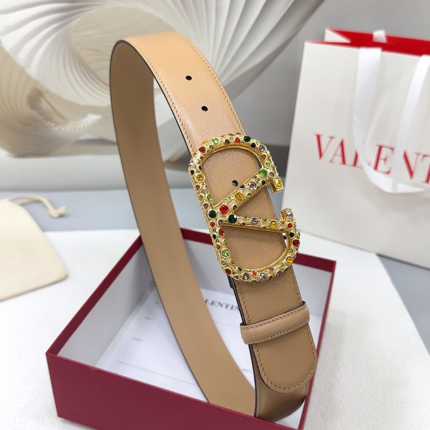 Reversible belt VLogo Signature Beige with multicolored Swarovski crystals