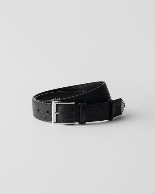 Black leather belt with metal buckle and triangular logo for men