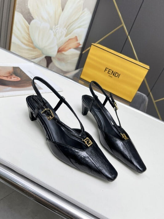 Black leather kitten-heel pumps with gold FF buckles